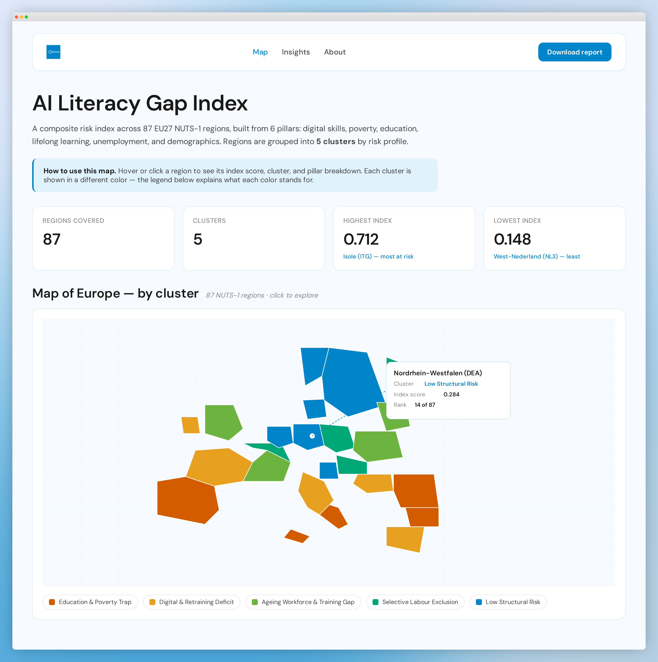 edvancing AI Literacy Gap Index — interactive map (desktop)