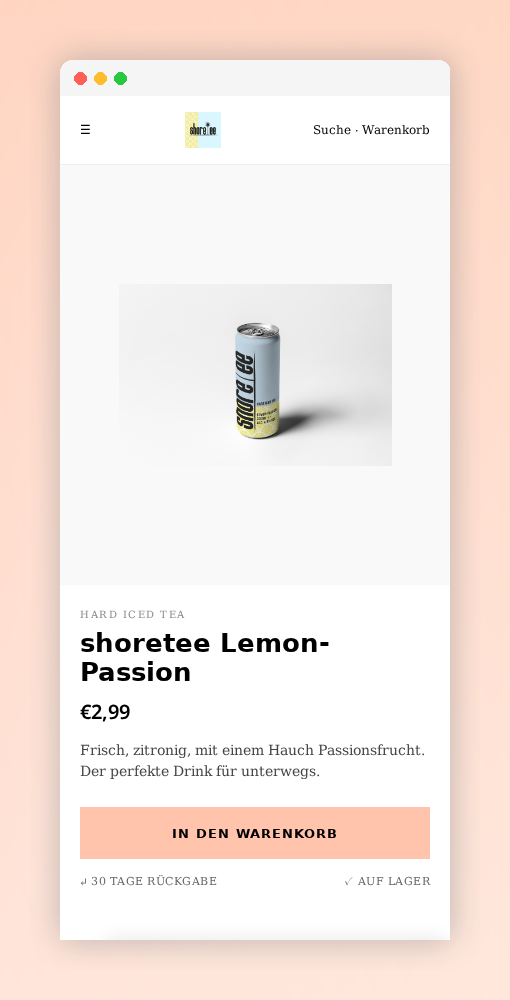 shoretee product detail page — mobile UX mockup