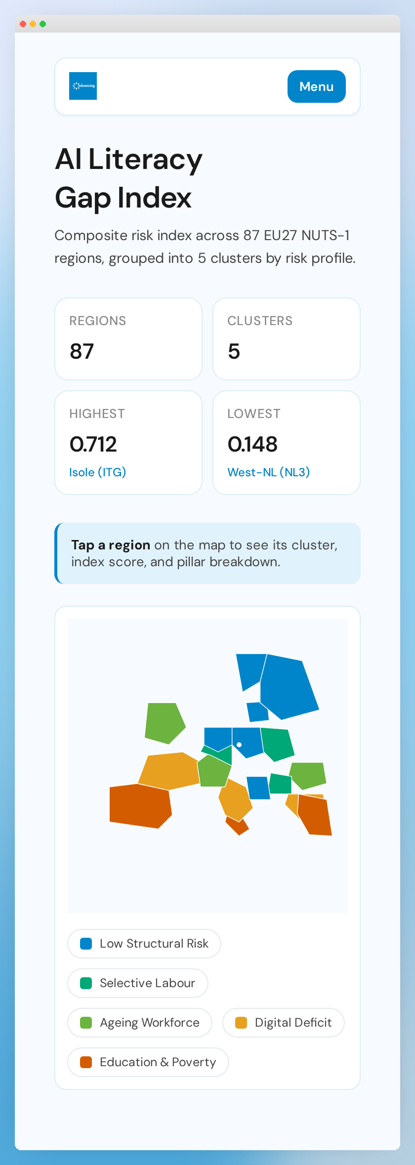 edvancing AI Literacy Gap Index — mobile map view