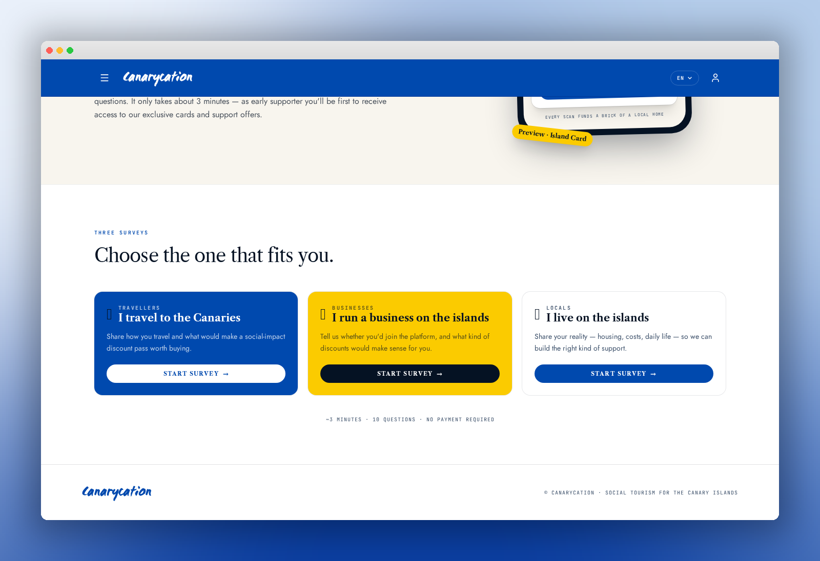 Canarycation — three research surveys (desktop)