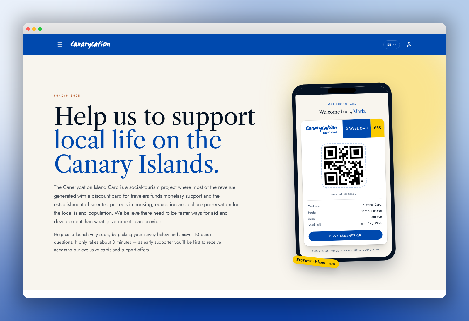 Canarycation — landing page hero (desktop)